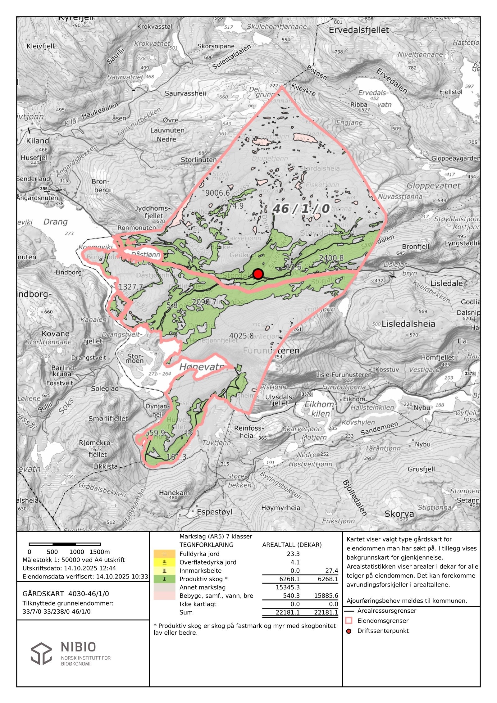 Eiendommen er på ca. 22.181 dekar i en samlet teig kun delt av fylkesveien Galleribilde