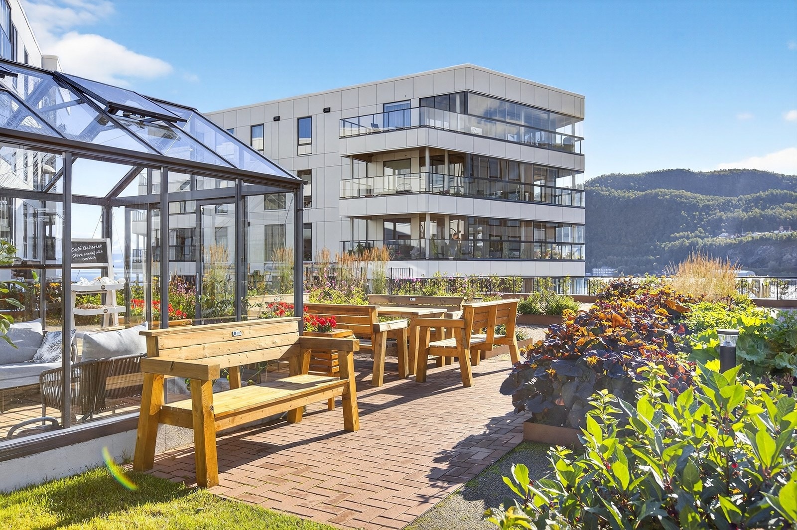 Her kan du nyte varme sommerdager ved flere ulike sosiale soner. Drivhuset er et samlingspunkt for beboere på Larsneset. Galleribilde