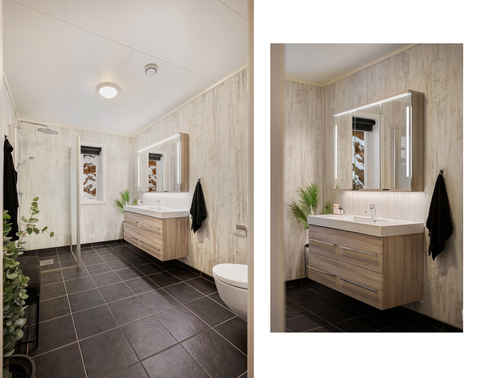 Bad 2 er også av generøs størrelse og inneholder servantinnredning, dusjhjørne, og toalett Galleribilde