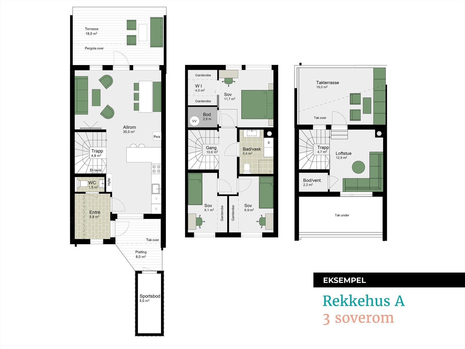 Plantegninger fra prosjektering - RekkehusA-3. Galleribilde