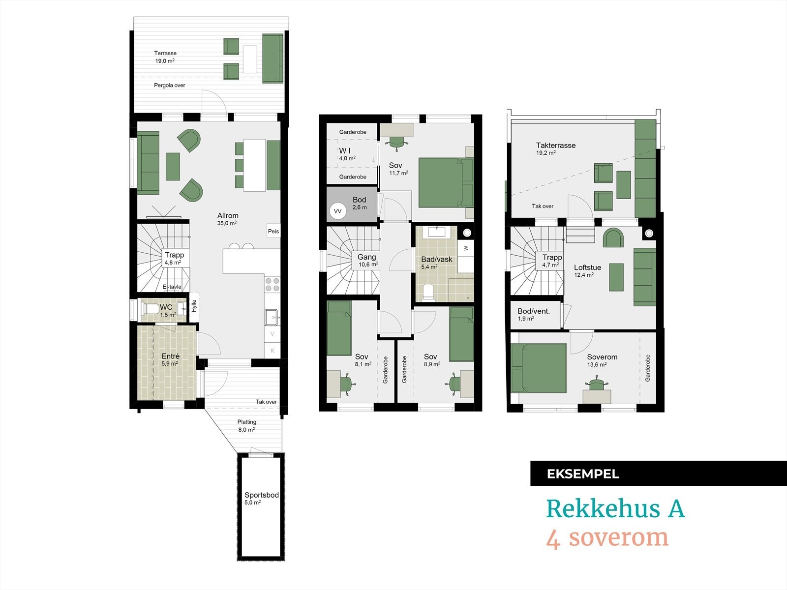 Plantegninger fra prosjektering - Rekkehus A-4. Galleribilde