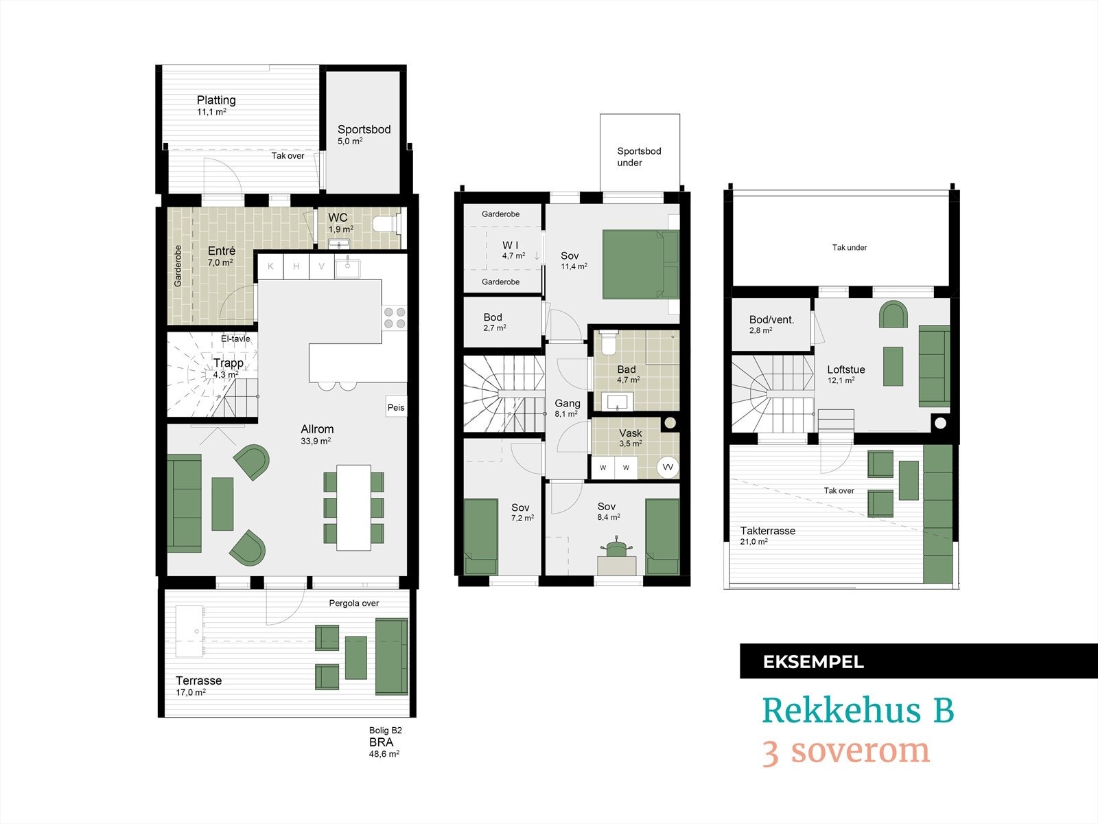 Plantegninger fra prosjektering - Rekkehus B-3. Galleribilde