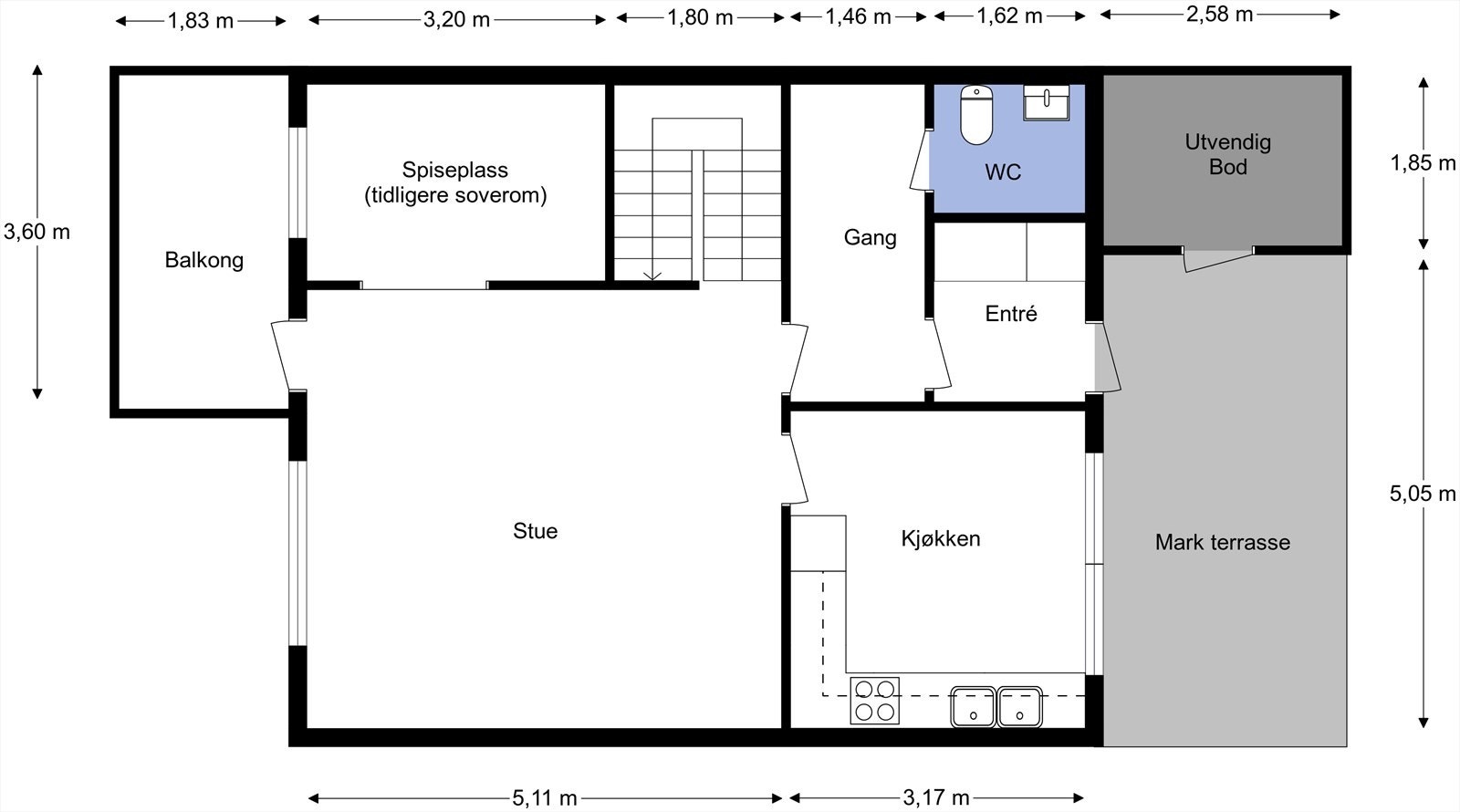 Planskisse 1. etg med mål fra takstmann - Asperudåsen 13 Galleribilde