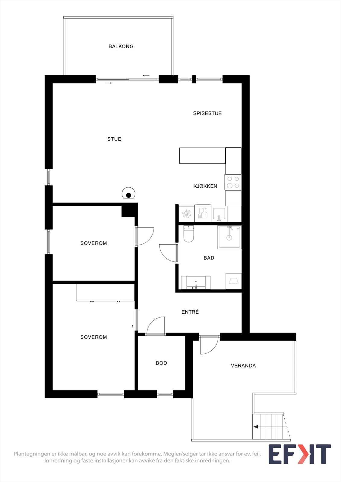 Plantegningen viser en arealeffektiv planløsning med stue, kjøkken, to soverom, bad og bod. Galleribilde