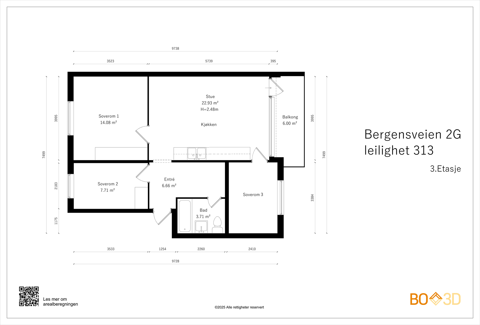 Alternativ planløsning med 3 soverom. Her er kjøkkenet flyttet ut i stuen. Ta kontakt med megler for mer informasjon! Galleribilde