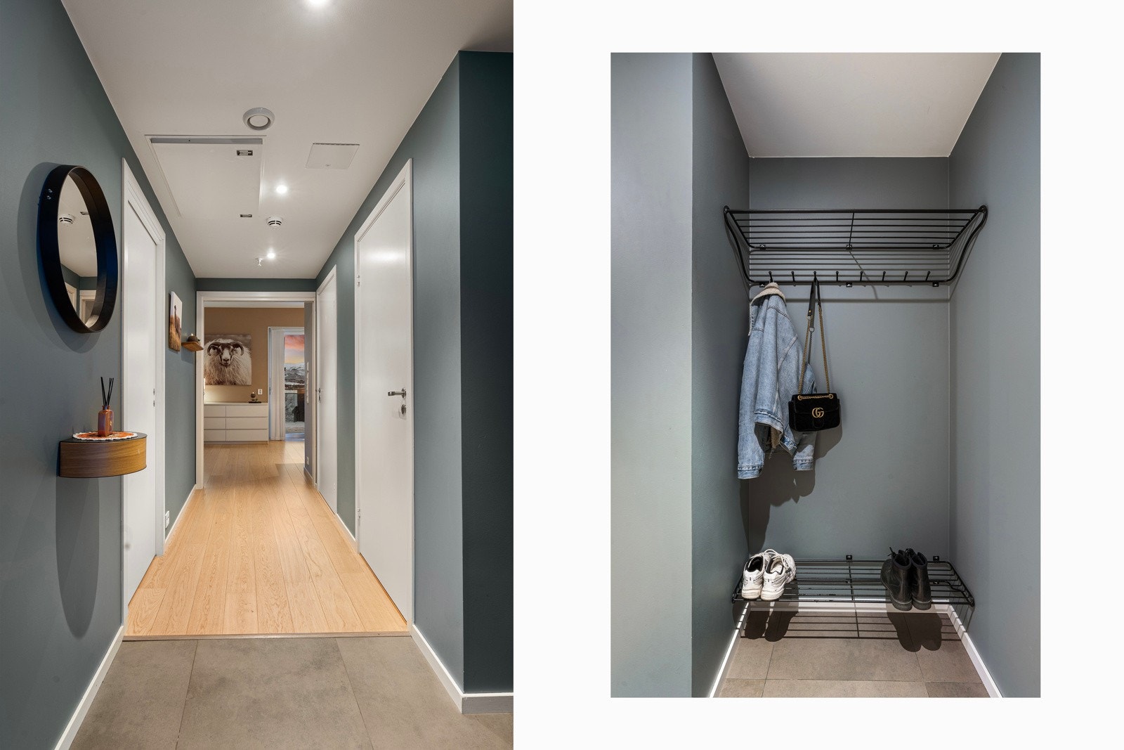 Velkommen inn - Jakken henger du av deg innen for døra. Det er varme i fliser i entreen.