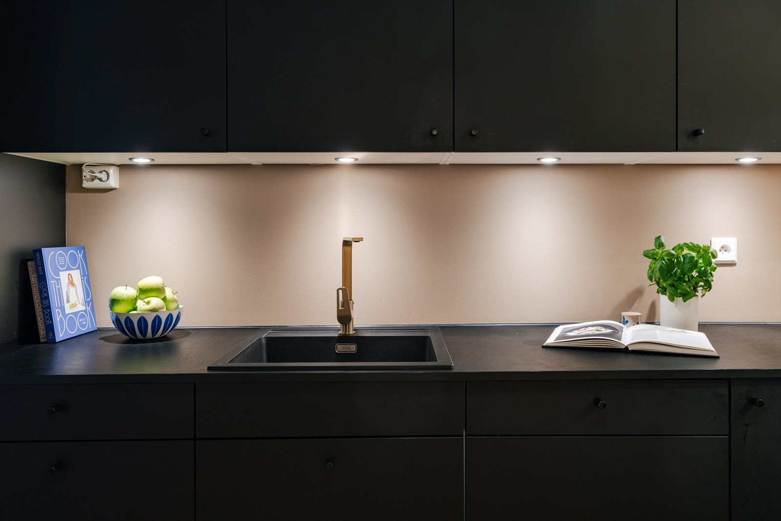 Kjøkkeninnredning fra AUBO med laminerte benkeplater og slette fronter. Ventilator med kullfilter. Waterguard er montert. Galleribilde