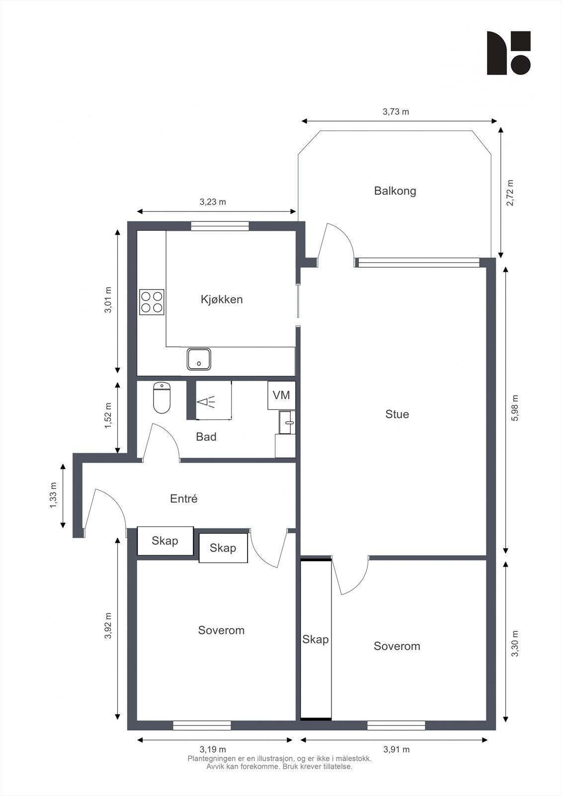 Plantegningen viser en arealeffektiv leilighet på 73 m² med to soverom og separat kjøkken. Galleribilde
