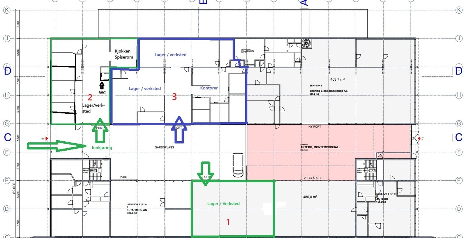 Areal nr. 1: 200 kvm. Areal nr. 3: 605 kvm. Areal nr. 2 er utleid. Det er p.t. ingen plantegning over areal nr. 4 på 366 kvm. (Avlangt, rektangulært) Galleribilde
