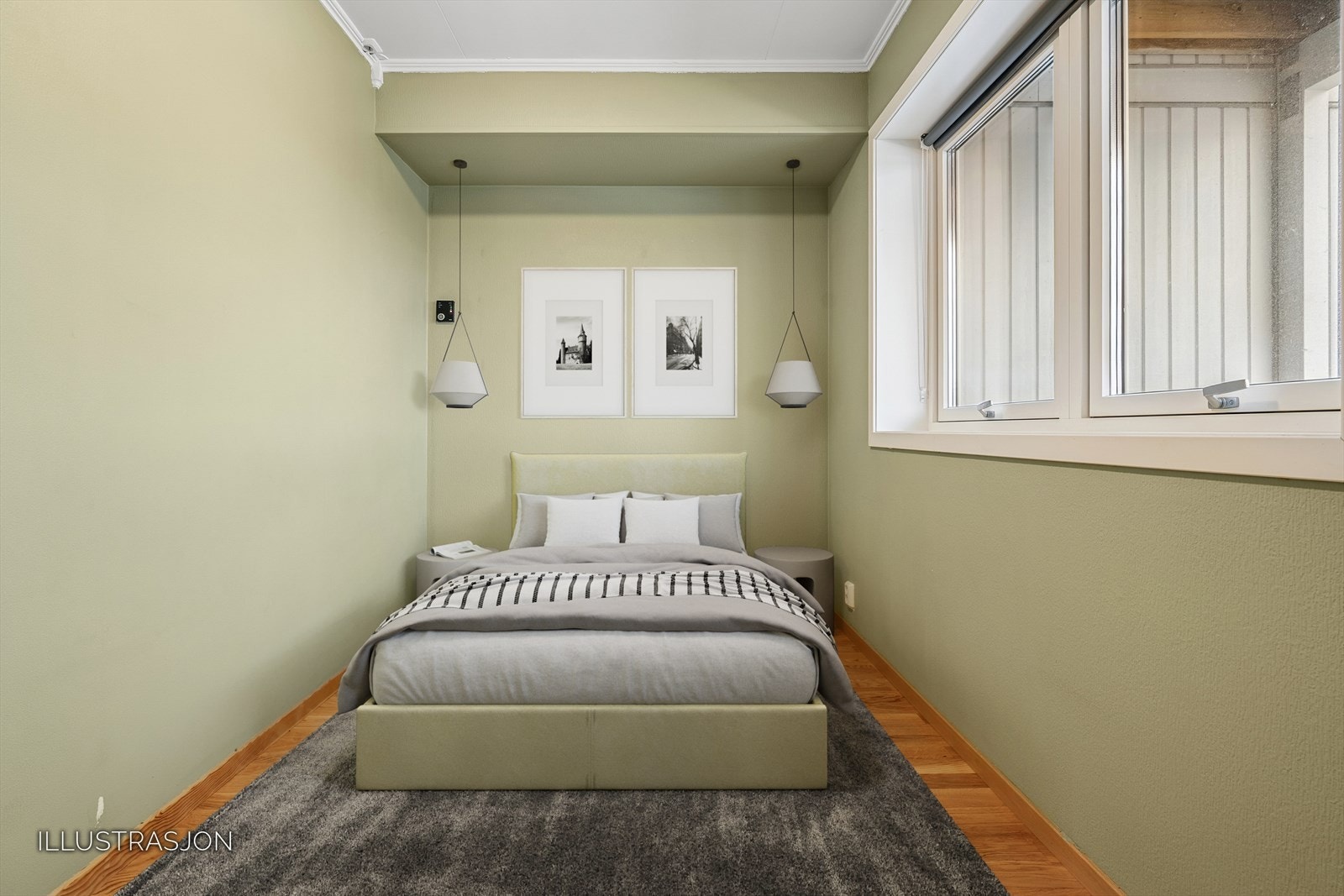 Soverommet er malt i en lun grønntone og en får fint plass til seng med tilhørende nattbord Galleribilde