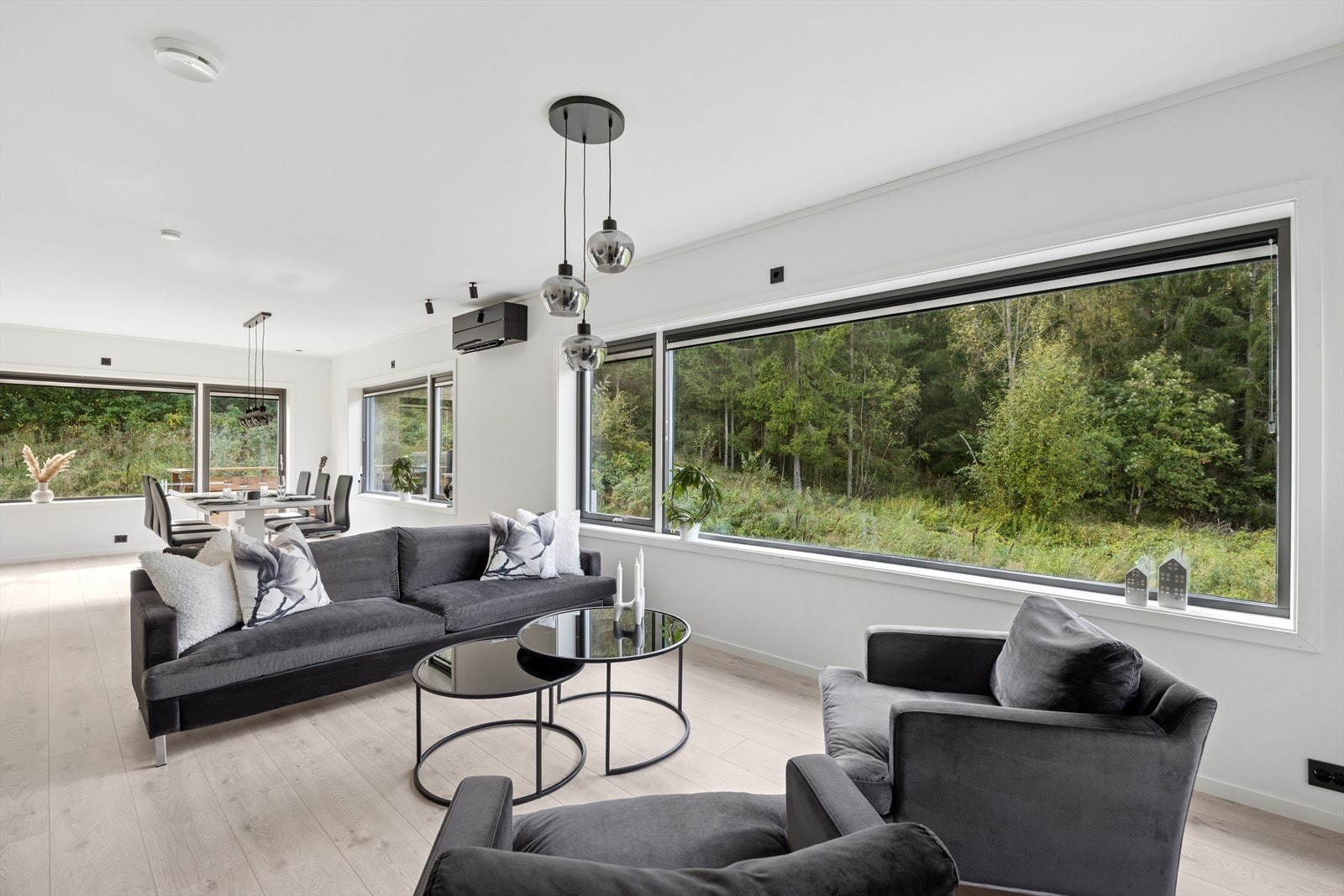 Her er det god plass til en større sofaseksjon, samtidig som man fint får plass til et langbord. Galleribilde