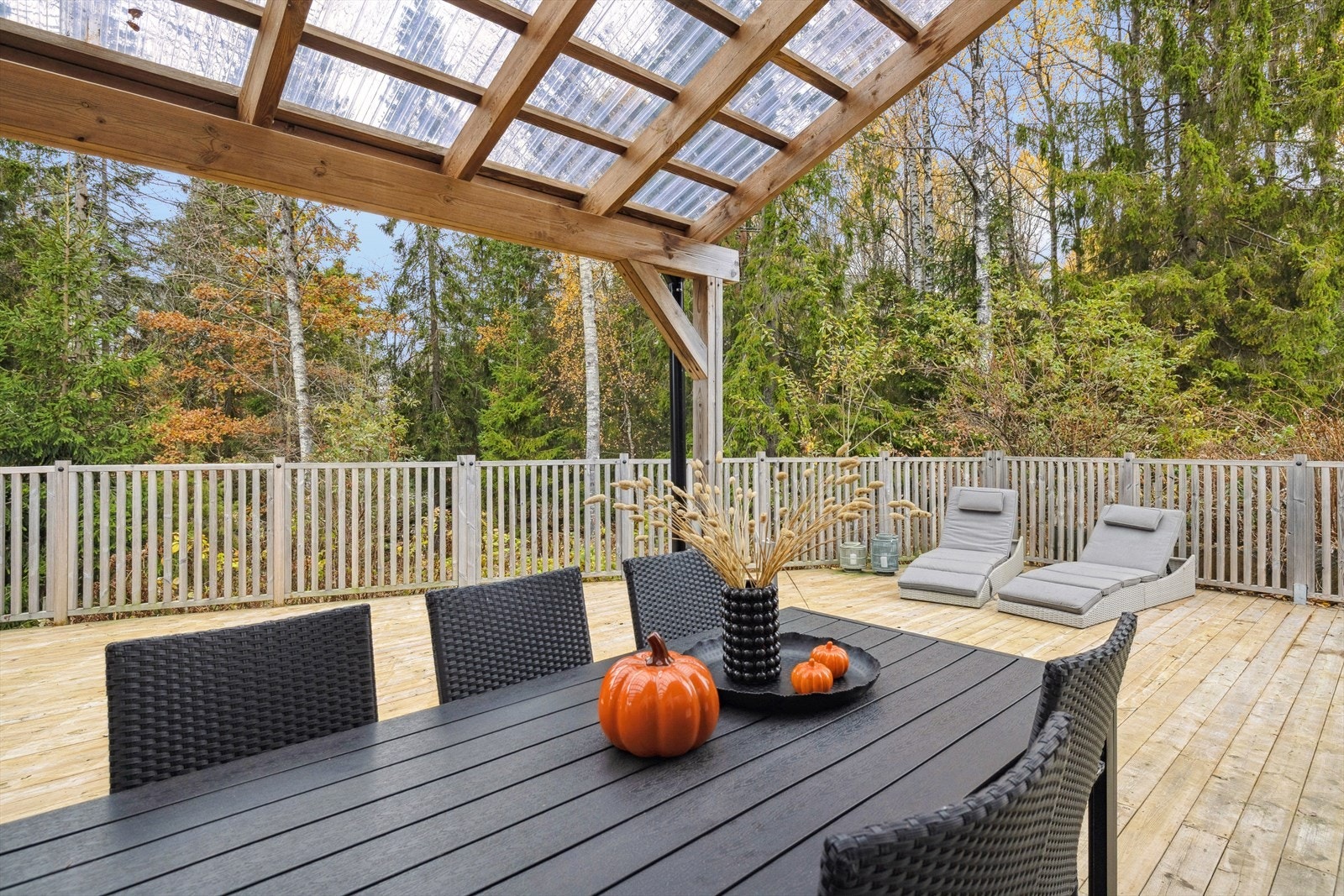Terrasseområdet er delvis overbygget, noe som gir mange bruksmuligheter og anledning til å benytte uteområdet både på regn- og solfylte dager. Galleribilde