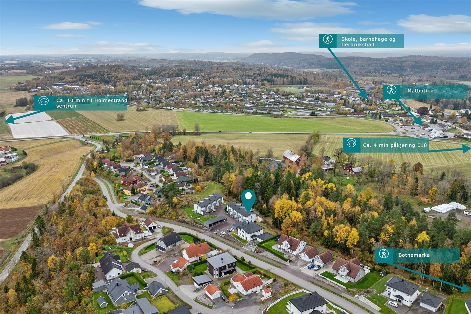 Boligen har en attraktiv beliggenhet i et naturskjønt, moderne og barnevennlig område i Holmestrand. Galleribilde