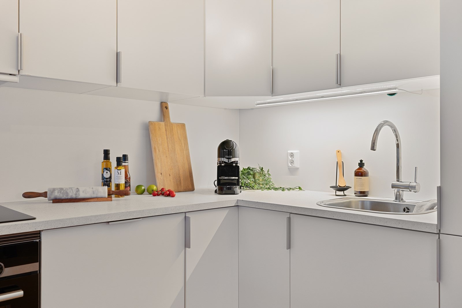 Innredningen har glatte fronter og benkeplaten er i slitesterk laminat. Integrerte hvitevarer inkluderer stekeovn, induksjonsplatetopp, integrert ventilator fra Flexit, oppvaskmaskin og kjøleskap med frysedel. Hvitevarene er av typen "Siemens". Galleribilde