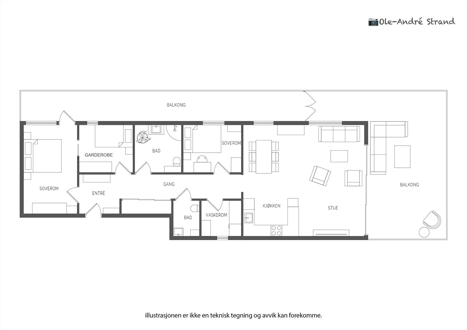 Leiligheten ligger i byggets 2.etasje og inneholder entré/gang, stue med åpen kjøkkenløsning, 2 soverom, garderoberom, 2 baderom og innvendig bod. Galleribilde