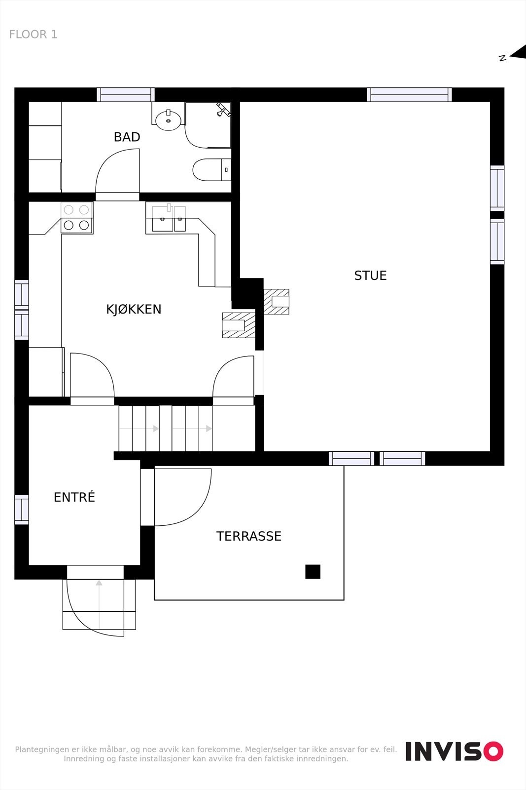 Plantegningen for første etasje viser entré, stue, kjøkken og bad/vaskerom. Galleribilde