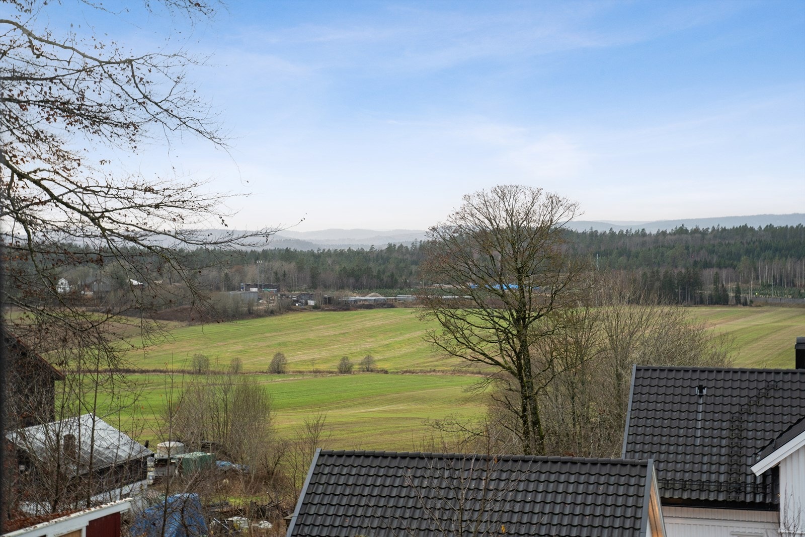 Panoramautsikt over grønne marker og skogkledde åser gir en rolig atmosfære. Galleribilde