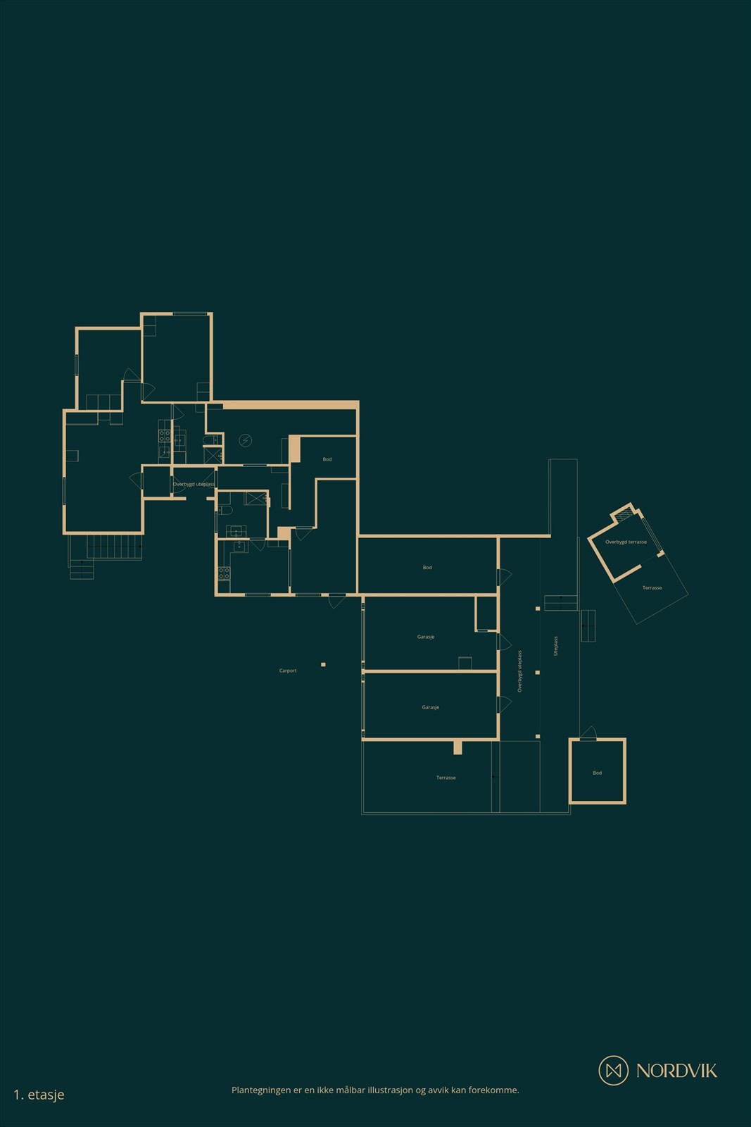 Plantegning. Etasjen er pt leid ut som en leilighet og en hybel. Rommene i denne etasjen er ikke godkjent til varig opphold og kan således ikke brukes til beboelsesrom Galleribilde