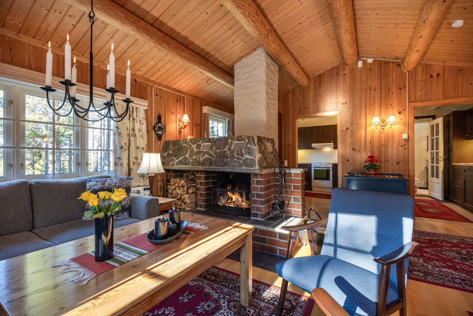 Gruepeis i stue som gir en hyggelig atmosfære til rommet Galleribilde