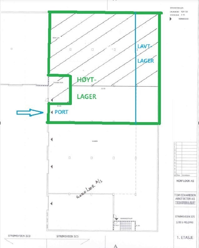 Plantegning over høytlager. Innenfor grønn ramme. Lavtlager innenfor blå ramme, under mesanin. Nabo med Norfloor (gårdeier) Galleribilde