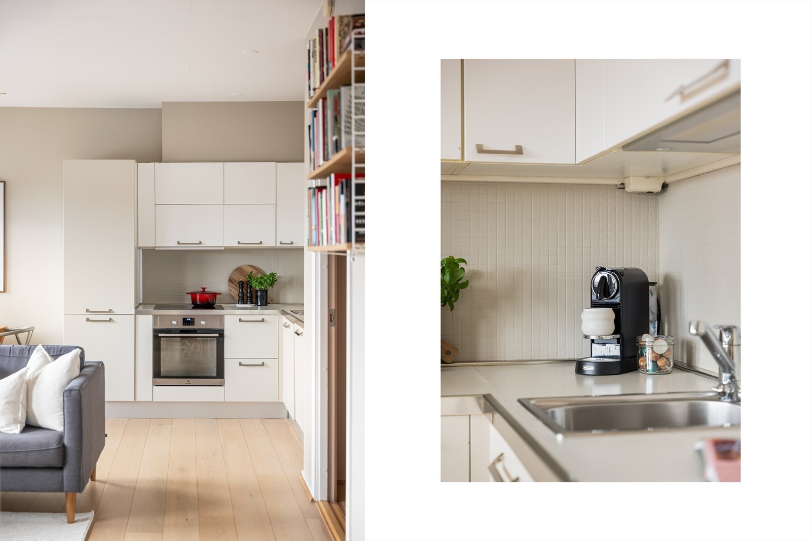 Innredningen er stilren med glatte, folierte fronter og en praktisk laminatbenkeplate, komplettert med flislagt bakvegg. Galleribilde