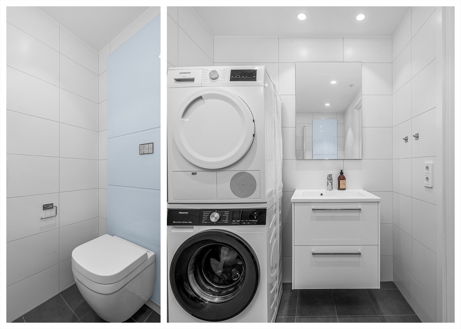 Et lyst og romslig bad med flislagte vegger og gulv, samt varmekabler for ekstra komfort. Badet har en hvit baderomsinnredning med god oppbevaringsplass i skuffer, blandebatteri og et vegghengt speil Galleribilde