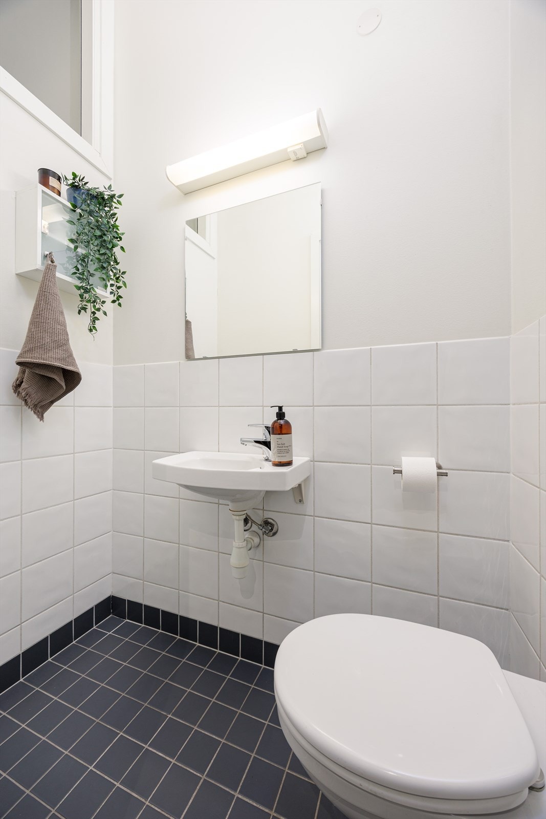 I tilknytning til entreen finner man et praktisk toalettrom med vegghengt toalett og servant - praktisk og pent utført i tidløst design. Galleribilde