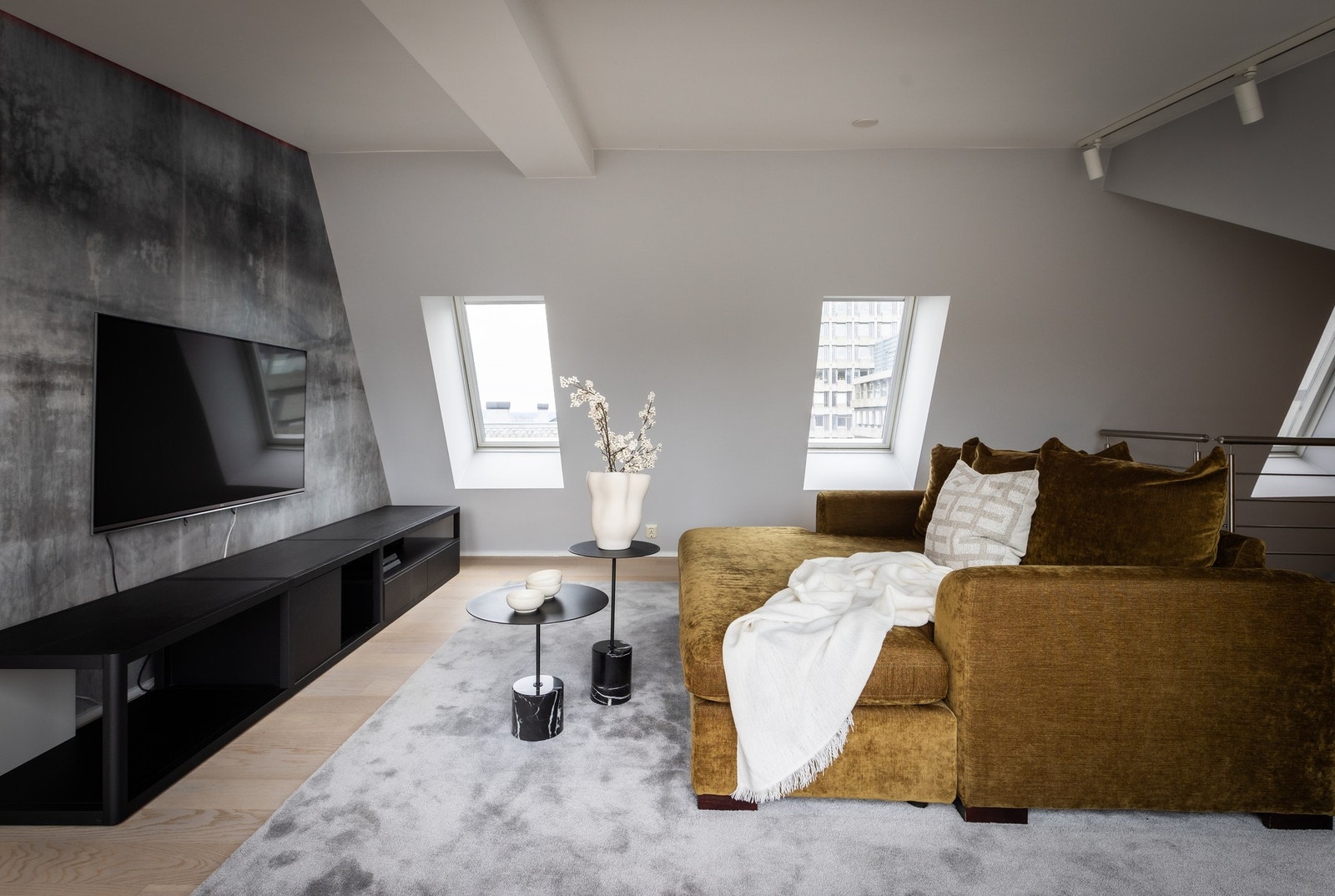 Stilren TV-sone med takvinduer. Galleribilde