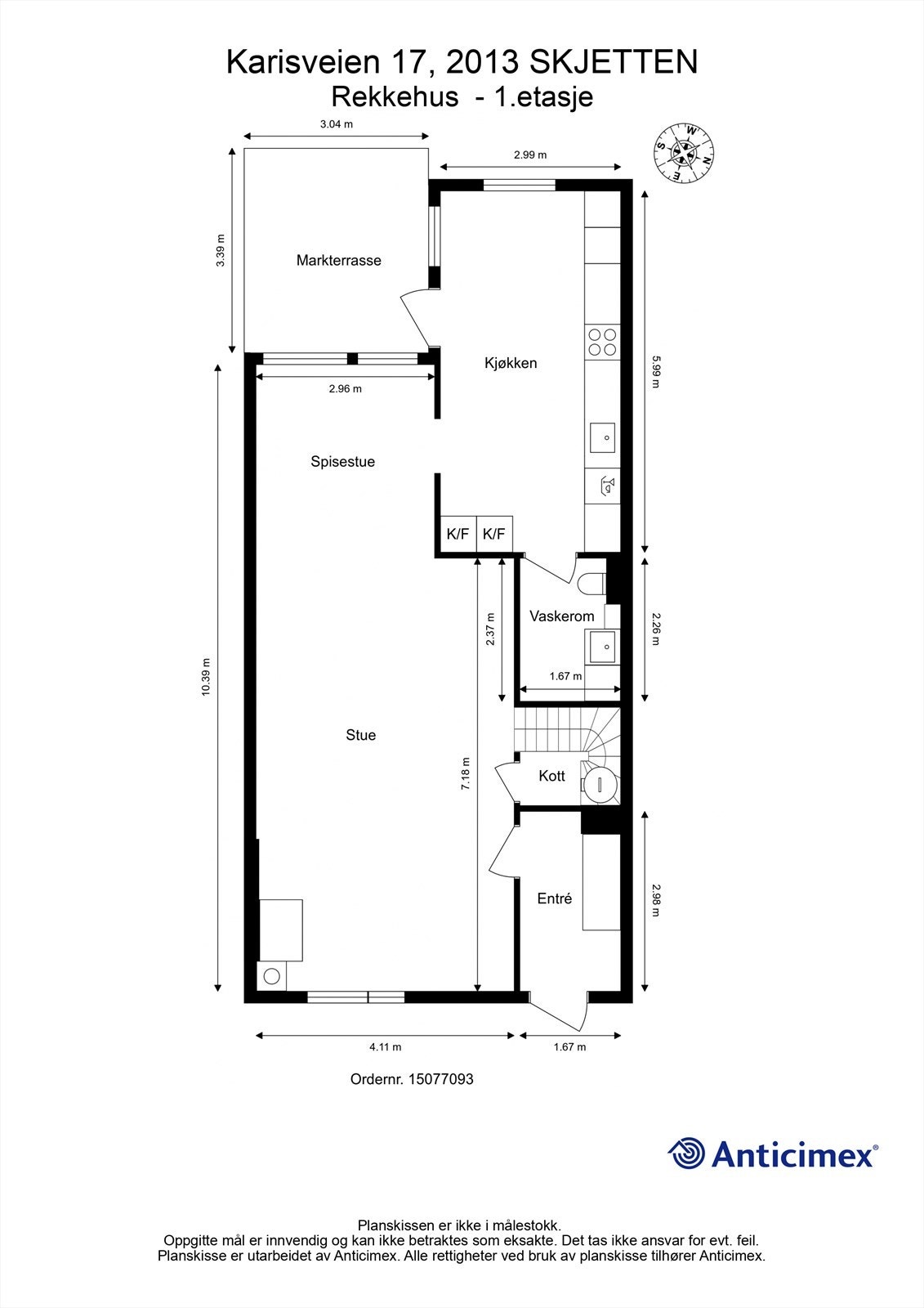 Plantegning for 1. etasje, som viser entré, vaskerom, stue, spisestue og kjøkken. Galleribilde