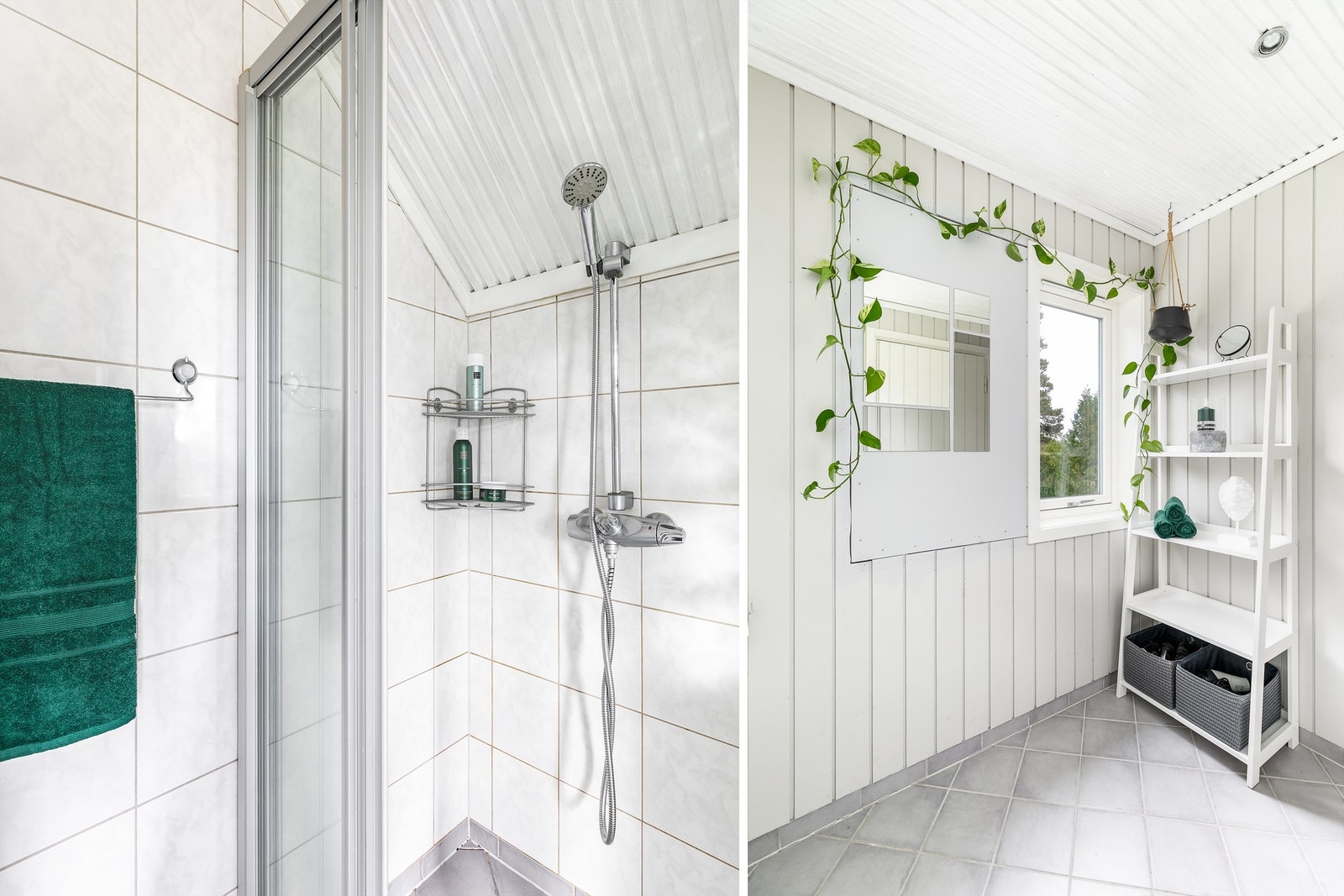 Badets gulv og deler av veggene er utført med fliser, gulvet har også elektrisk varme. Galleribilde