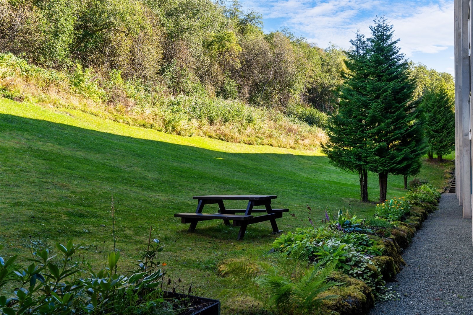 Like utenfor døra har man et grønt og frodig område på sameiets tomt tilrettelagt for sosiale sammenkomster. Galleribilde