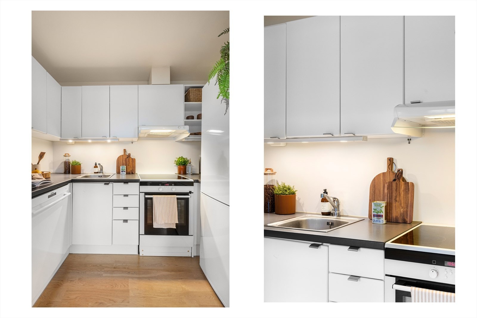 Hvitevarene er frittstående og består av kjøleskap, oppvaskmaskin og komfyr. Det er avtrekk via mekanisk avtrekksanlegg i boenheten. Galleribilde