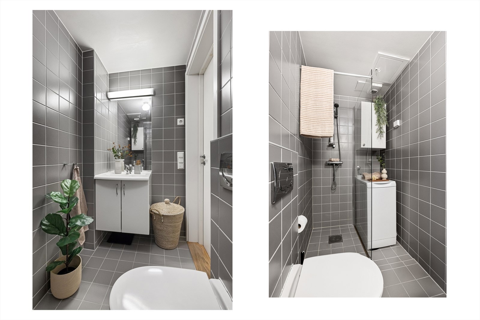 Pent bad fra 2007/08 med flislagte overflater og gulvvarme. Badet er utstyrt med veggmontert toalett, dusjnisje med en fast glassvegg og baderomsinnredning med skap, servant med ettgreps blandebatteri og speil. Galleribilde