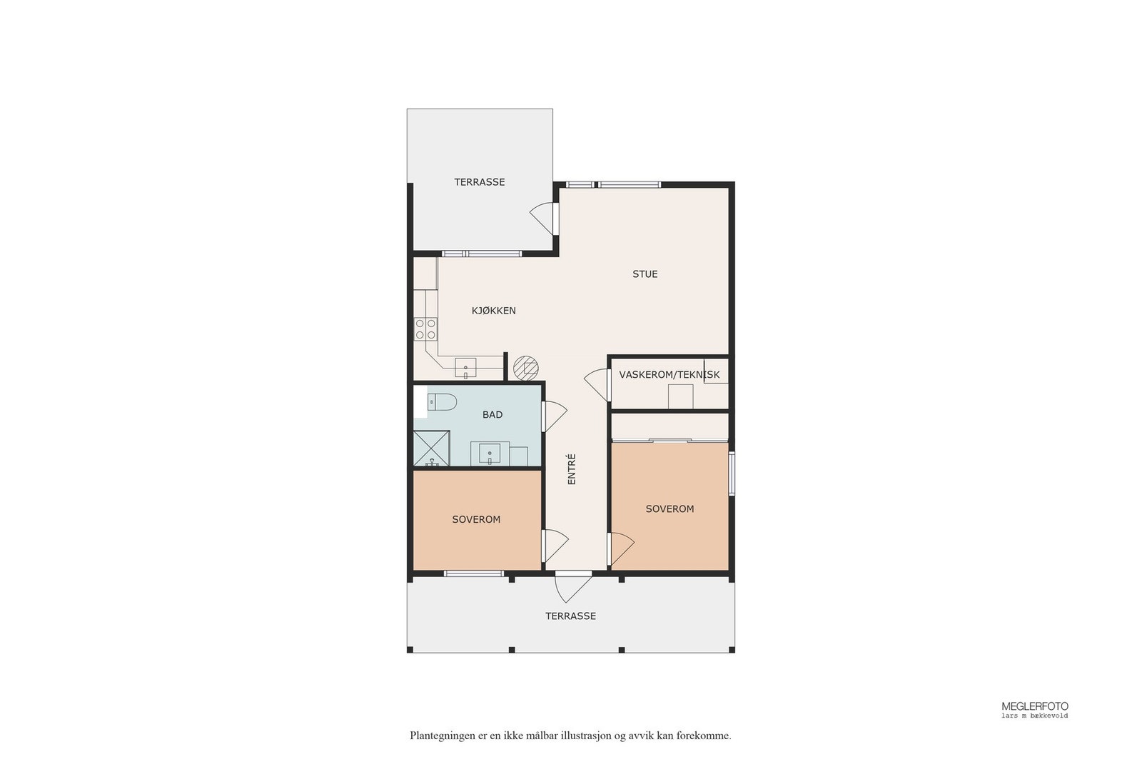 Leiligheten har to soverom, bad, kjøkken, stue, vaskerom/teknisk rom og to terrasser. Galleribilde