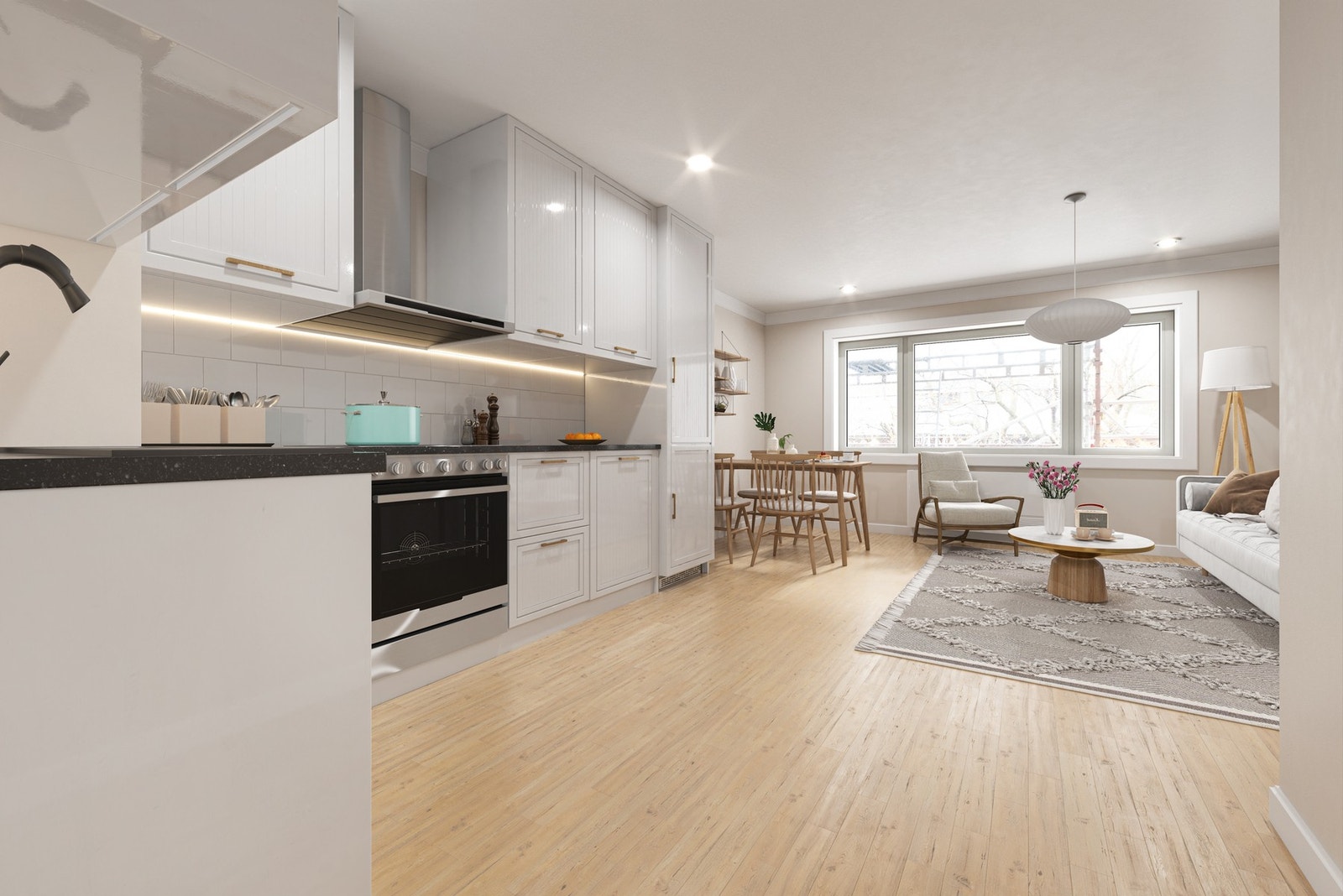 Bildet er ment som illustrasjon dersom man flytter kjøkken ut i stuen. Megler gjør oppmerksom på at det ikke er foretatt nærmere undersøkelser rundt de tekniske forutsetningene for dette, og løsningen er kun ment som en illustrasjon av boligens potensial. Galleribilde