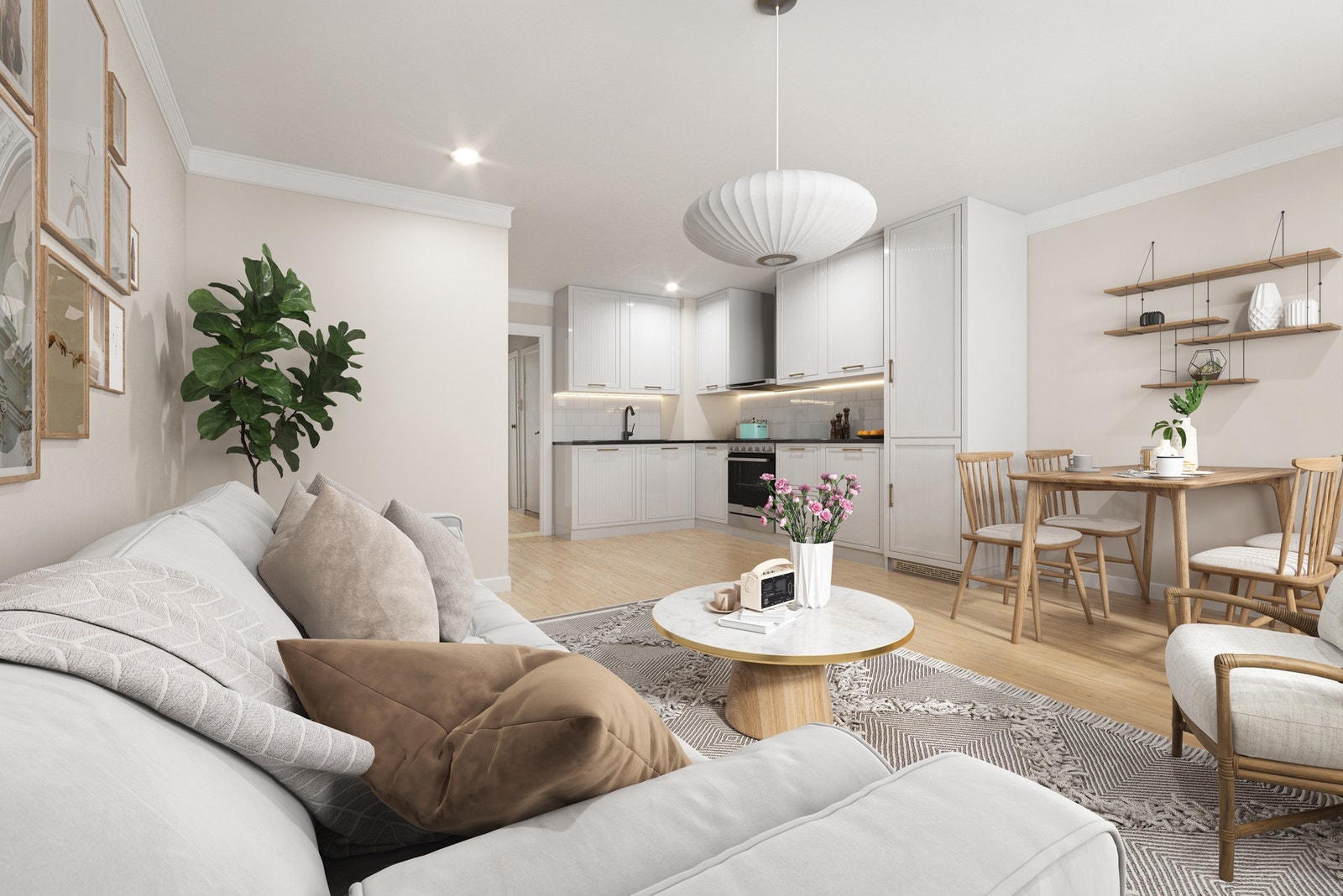 Bildet er ment som illustrasjon dersom man flytter kjøkken ut i stuen. Megler gjør oppmerksom på at det ikke er foretatt nærmere undersøkelser rundt de tekniske forutsetningene for dette, og løsningen er kun ment som en illustrasjon av boligens potensial. Galleribilde