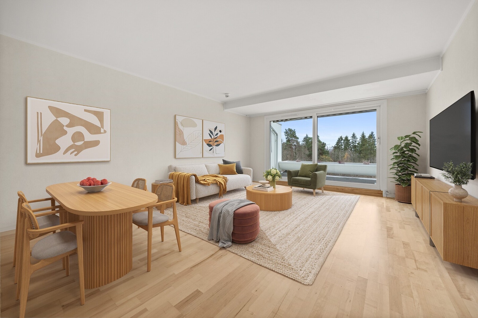 Digital styling av stuen som har en funksjonell planløsning hvor man enkelt kan dele inn i hyggelige soner. Galleribilde