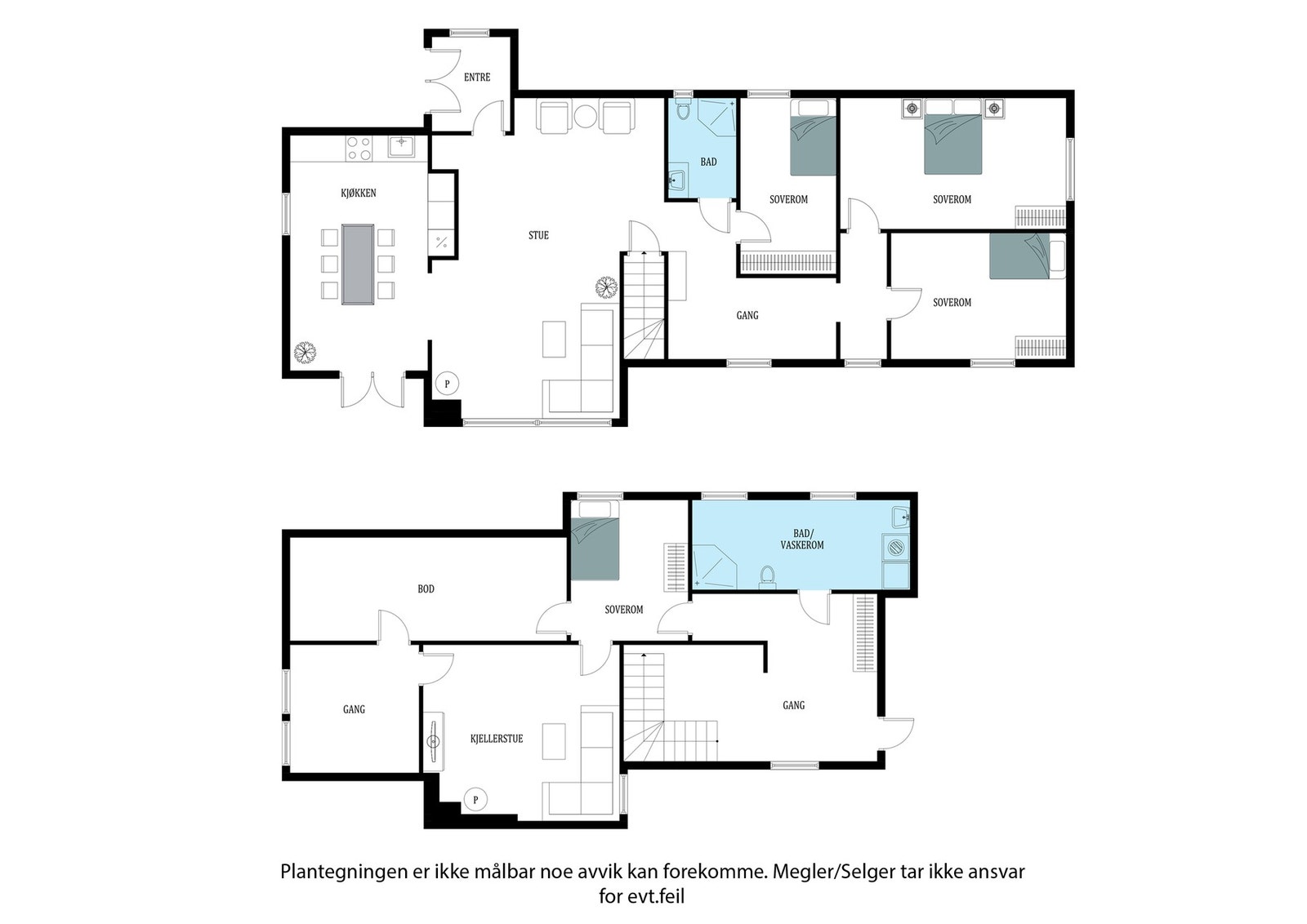 Planskisse. Det gjøres oppmerksom på at skissen er tegnet ut fra dagens bruk av rom og samsvarer ikke med godkjente tegninger. Underetasjen er utvidet uten at dette er søkt om. Galleribilde