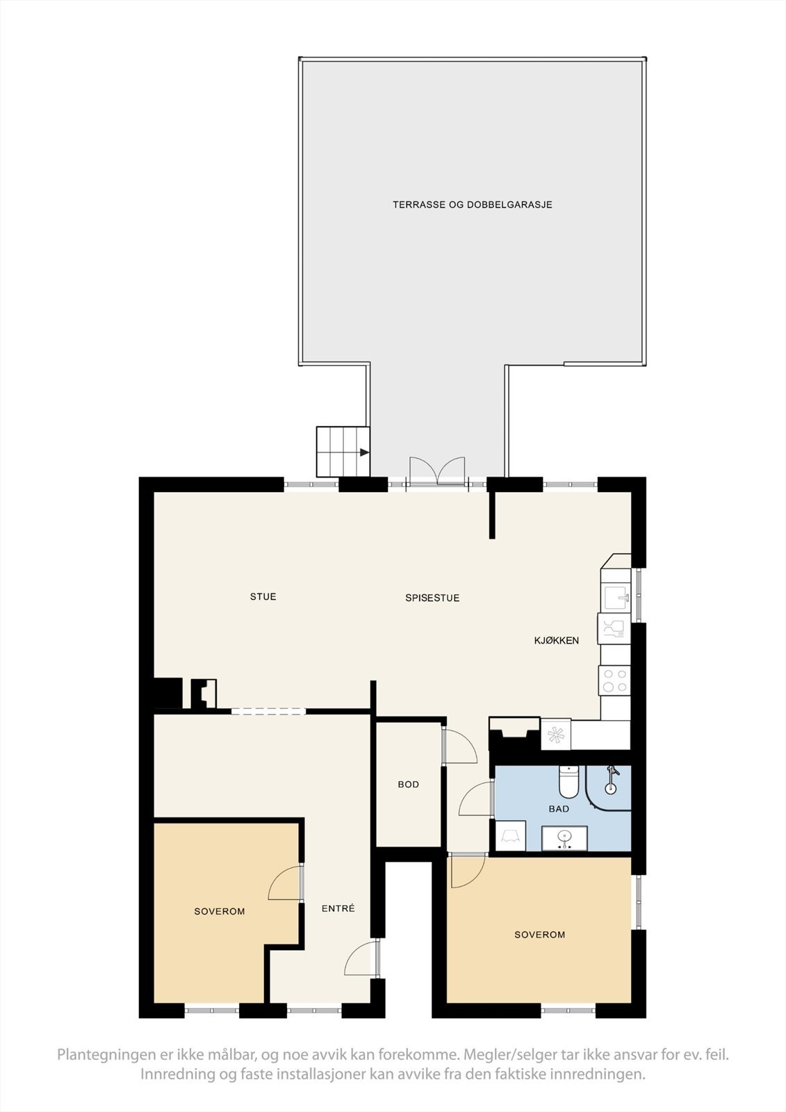 Plantegning av leiligheten. Det er en innvendig bod med fin oppbevaringsplass. Galleribilde