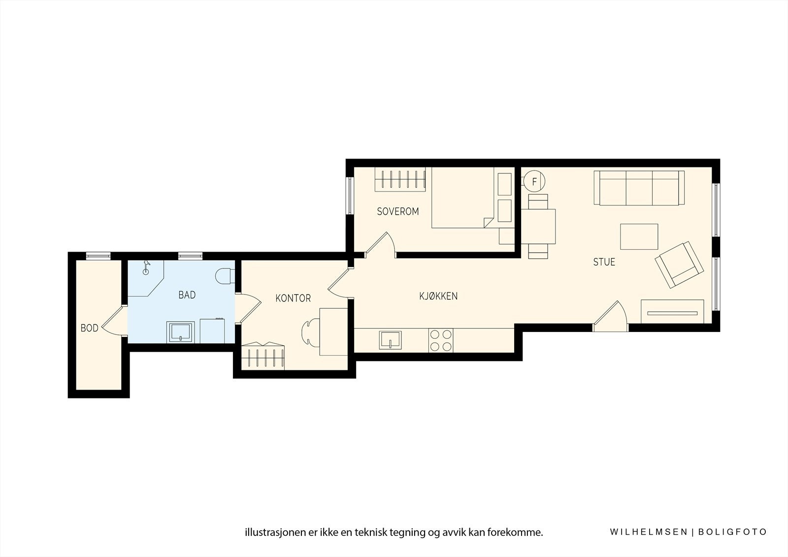 Plantegning - Gjennomtenkt og arealeffektiv planløsning på 42 kvm, innredet med åpen stue- kjøkkenløsning, soverom, kontor, bad og bod. Galleribilde
