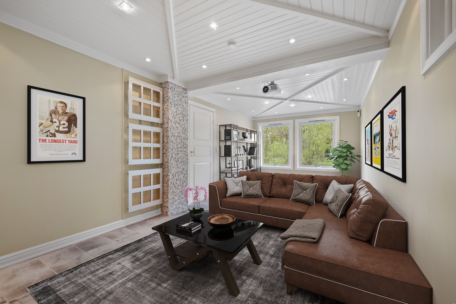 Den store kjellerstuen har et vakkert paneltak med dekorlister og downlights. Galleribilde