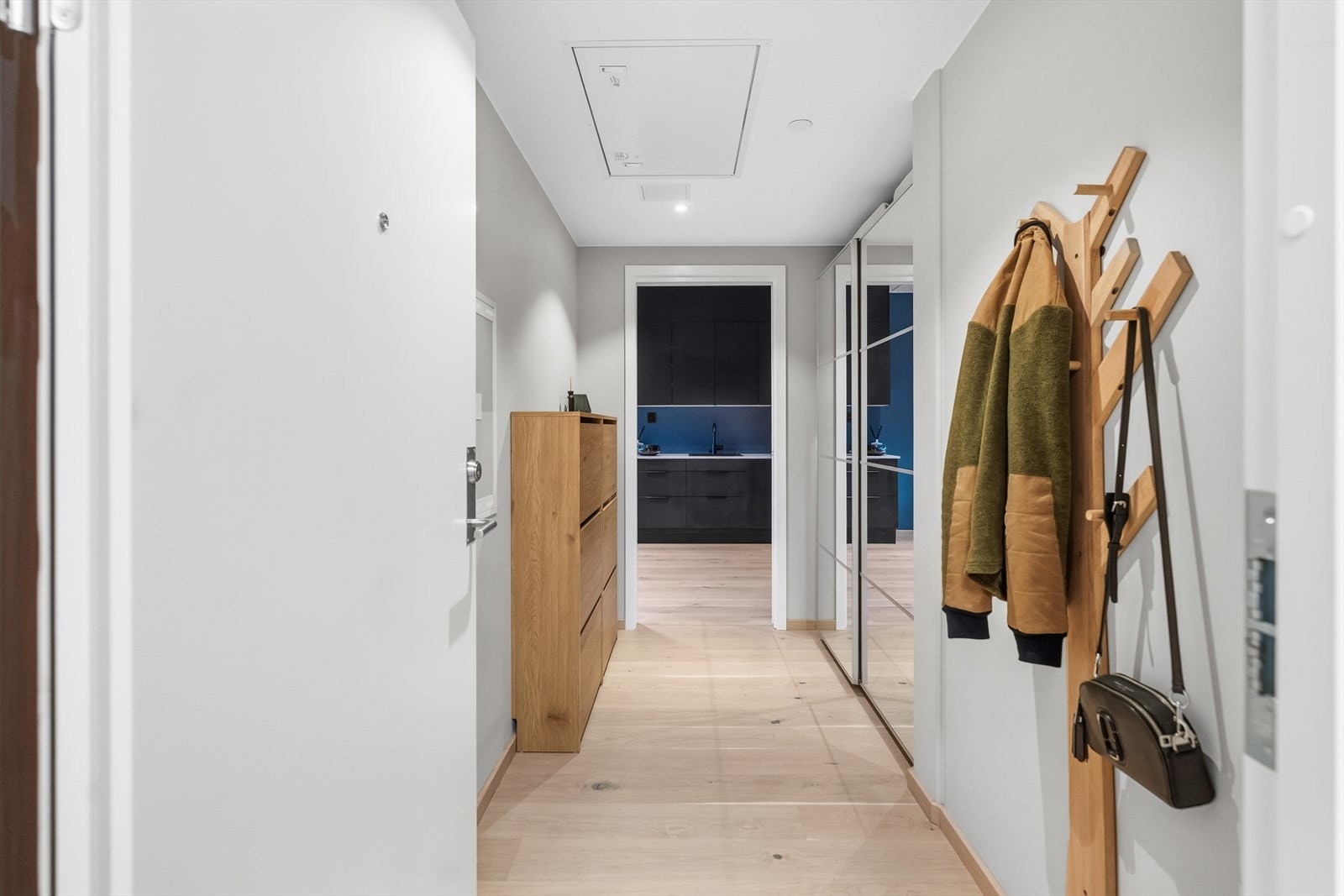 Leiligheten har en romslig og innbydende entré, med plass til å henge fra seg yttertøy og sette fra seg sko. Det er rikelig med lagringsplass i stor skyvedørsgarderobe med speilfronter. Galleribilde