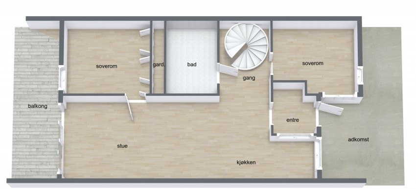 3.etasje rommer: vindfang, stue/kjøkken, 2 soverom og bad/vaskerom. Galleribilde