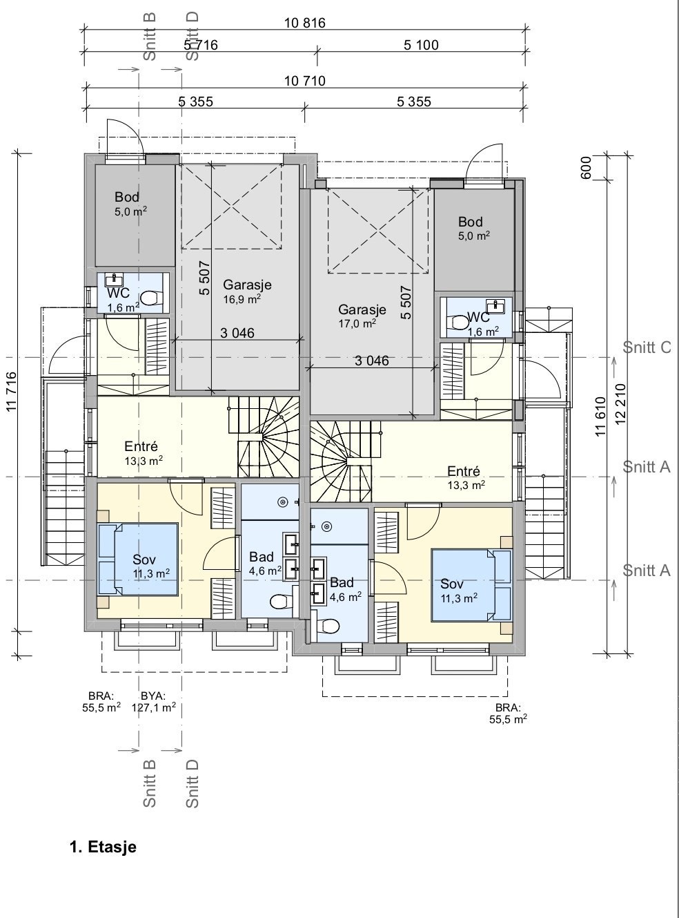 Plantegning 1. etasje. Det er satt inn skyvedør på hovedsoverommet. Galleribilde