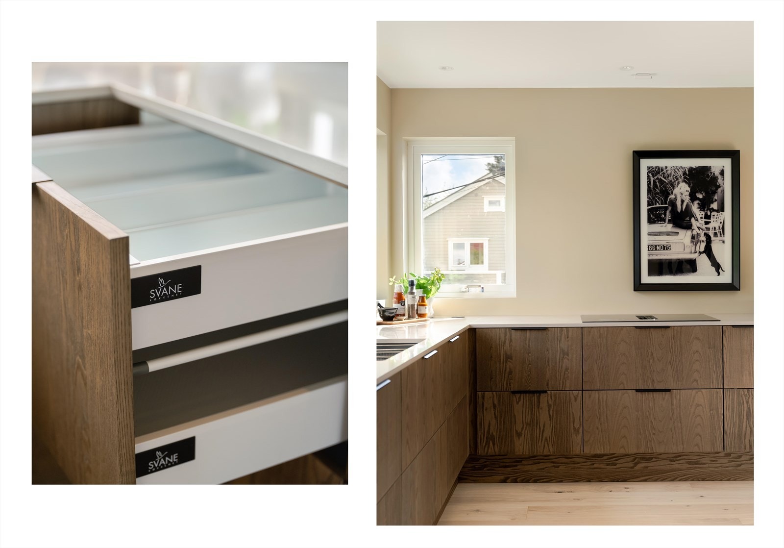 Med smarte løsninger og god oppbevaringsplass i dype skuffer, er dette kjøkkenet både praktisk i hverdagen og lekkert til selskaper og middagsgjester. Galleribilde