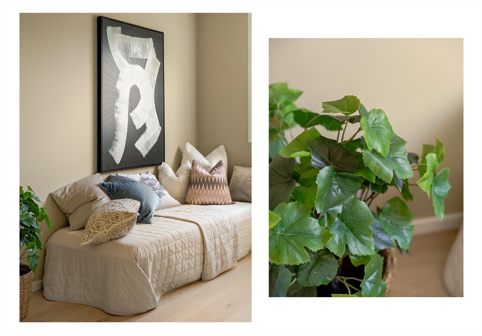 Den lyse og luftige atmosfæren fremheves av det store vinduet, og rommet oppleves åpent og innbydende. Galleribilde