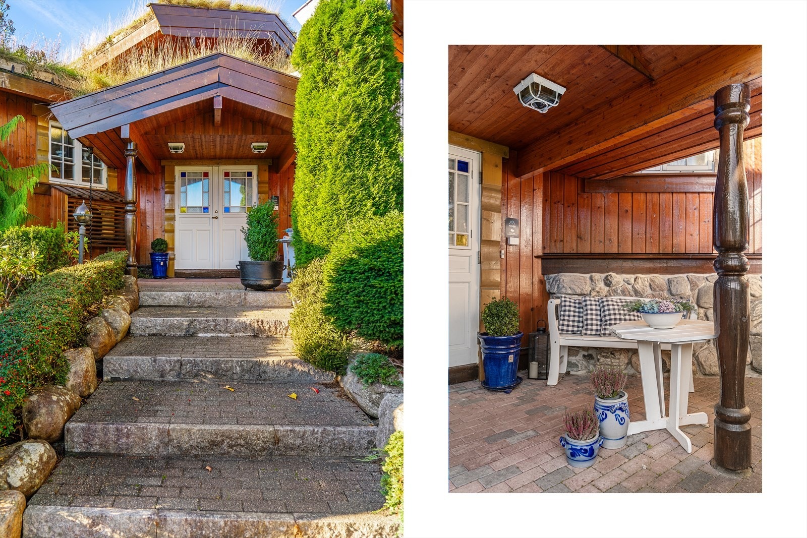 - Inngangspartiet er fint laget til med dype trappetrinn og beplantning - Galleribilde