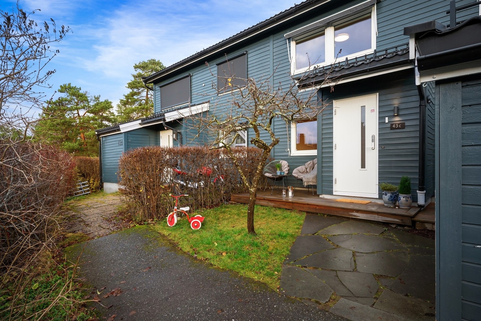 Pent opparbeidet inngangsparti med lite gressflekk og plommetre Galleribilde