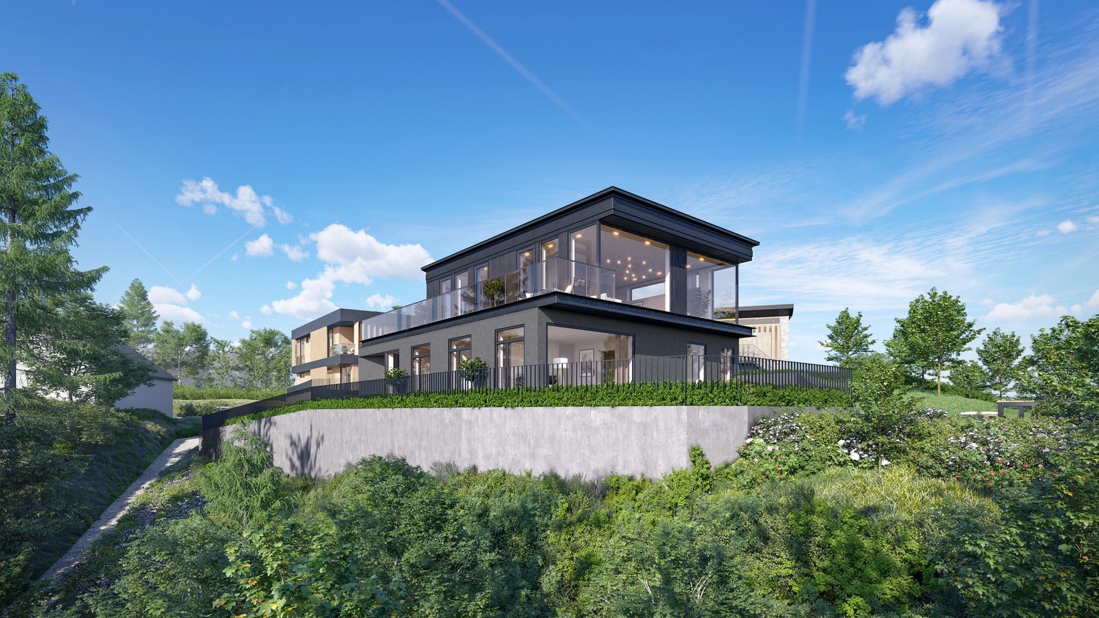 Halsåsen 12D til salgs ved Fredrik von Krogh - EIE eiendomsmegling. Prosjektert utseende av huset. Bildet er en illustrasjon og kan avvike fra endelig resultat. Galleribilde