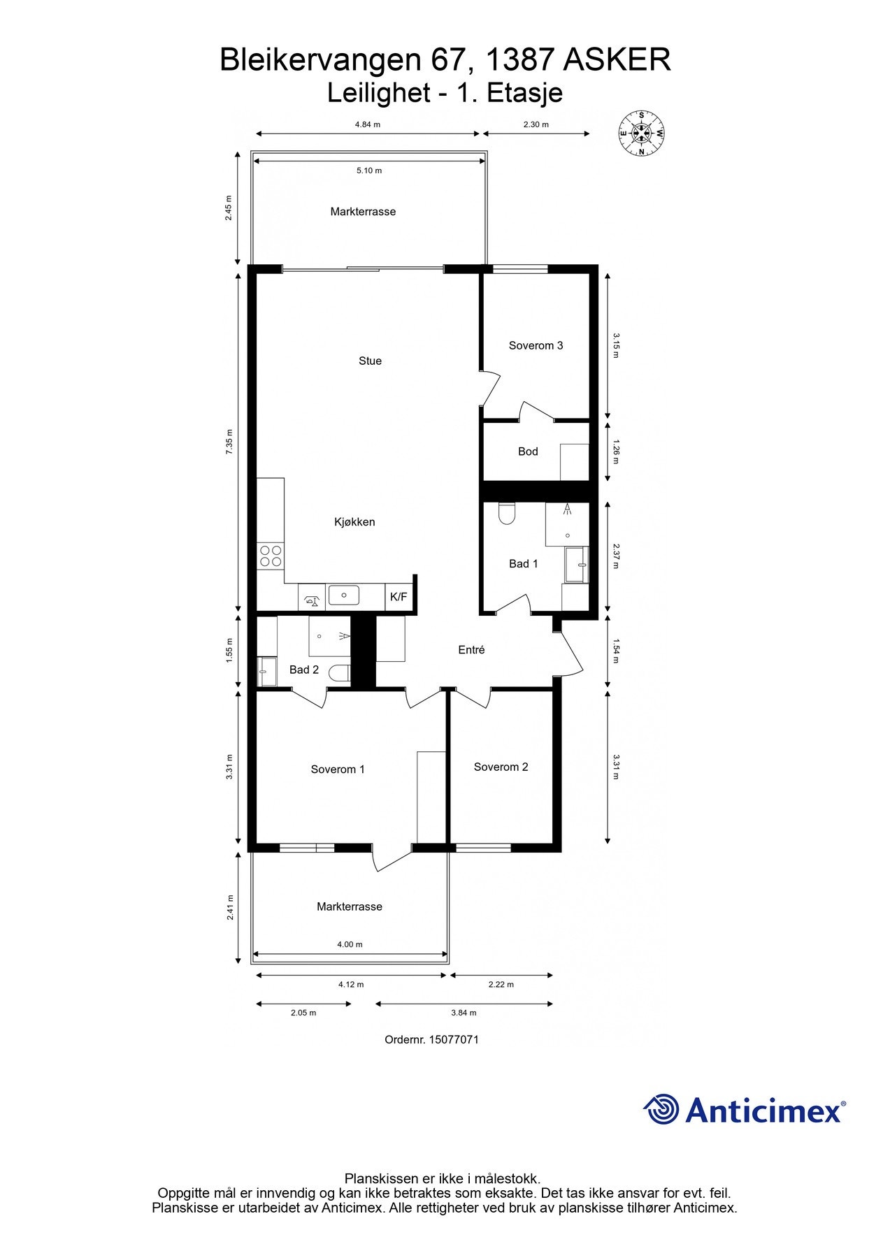 Leiligheten består av en entré, tre soverom, to bad, åpen stue- og kjøkkenløsning, innvendig bod og to markterrasser. Galleribilde